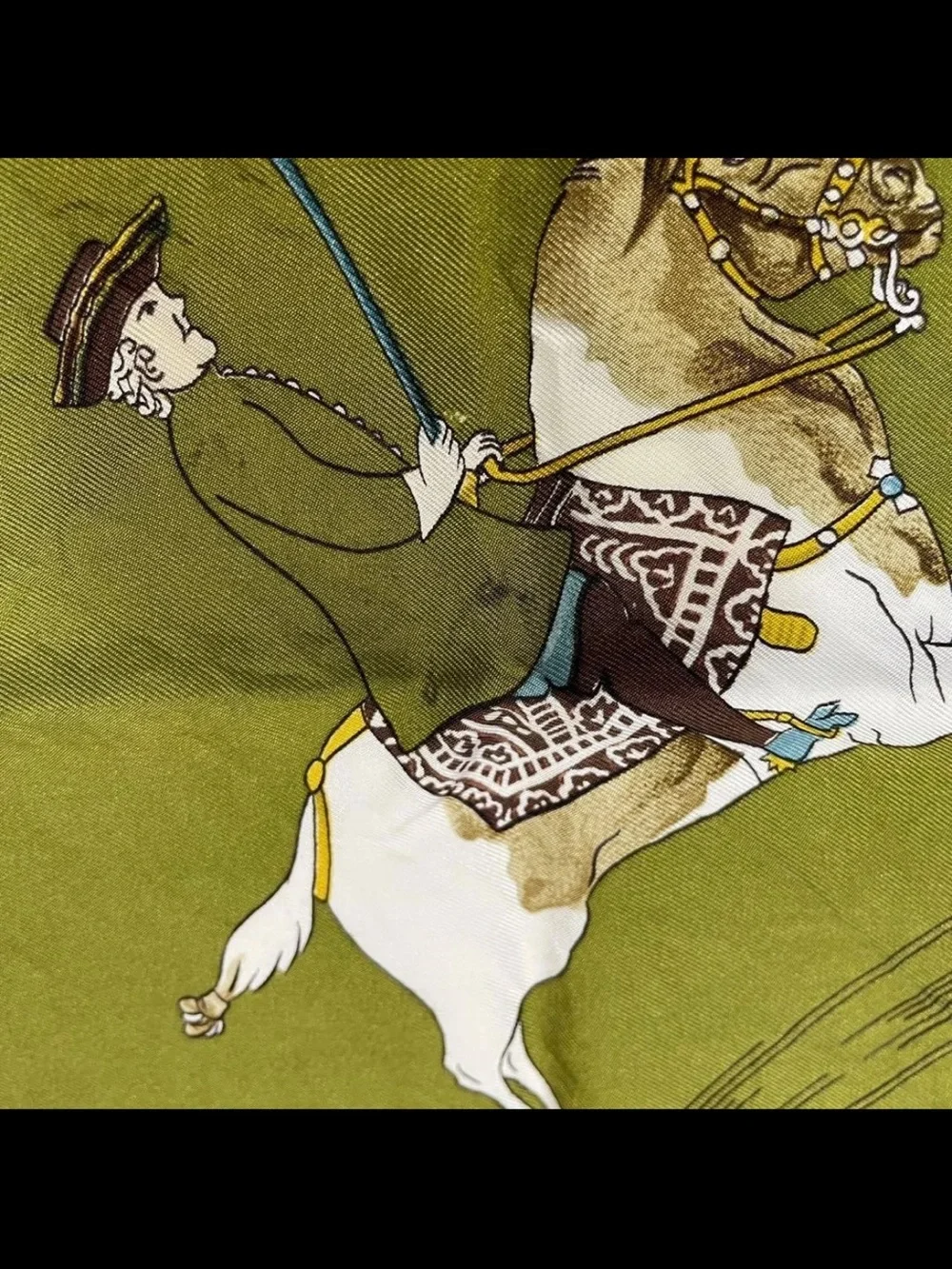 Hermes Green, White & Brown Equestrian Silk Scarf